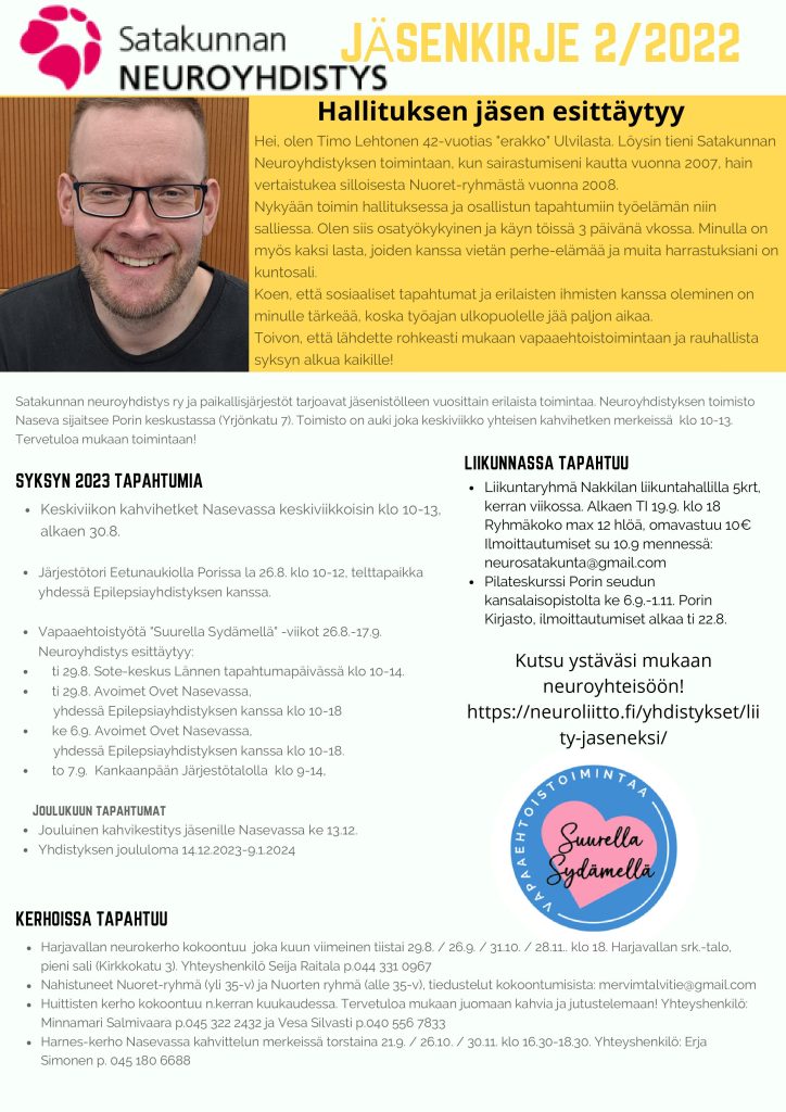 Yläkulmassa Neuroliiton-logo. Keltaisella pohjalla hymyilevä miehen kuva. Alempana sinisellä pohjalla pyöreä logo, jossa lukee valkoisella vapaaehtoistoimintaa. Ympyrän sisällä vaaleanpunainen sydän, jossa lukee mustalla suurella sydämellä.