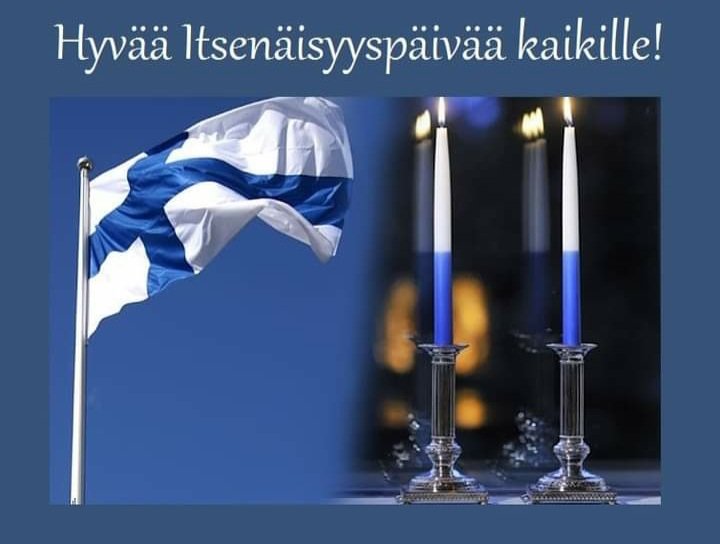 Sinisellä pohjalla Suomen lippu, kolme kynttilää ja teksti, Hyvää itsenäisyyspäivää!